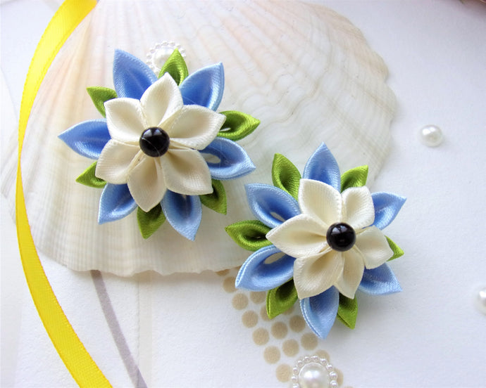 Élastique queue de cheval nattes petite fille avec fleur kanzashi violet et jaune, Chouchou