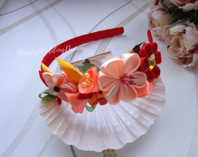 Serre-tête kanzashi fleurs d'automne, Bandeau cheveux fleurs en satin, Diadème mariage champêtre