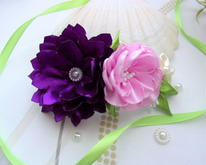 Barrette française avec fleurs en satin violet et lilas, Pince cheveux mariage champêtre