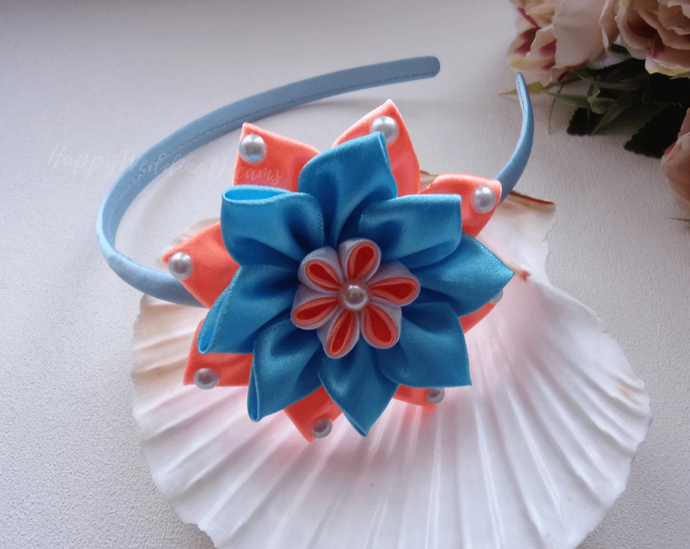 Serre-tête fille fleur kanzashi bleu et orange, Bandeau cheveux fleur en satin, Diadème