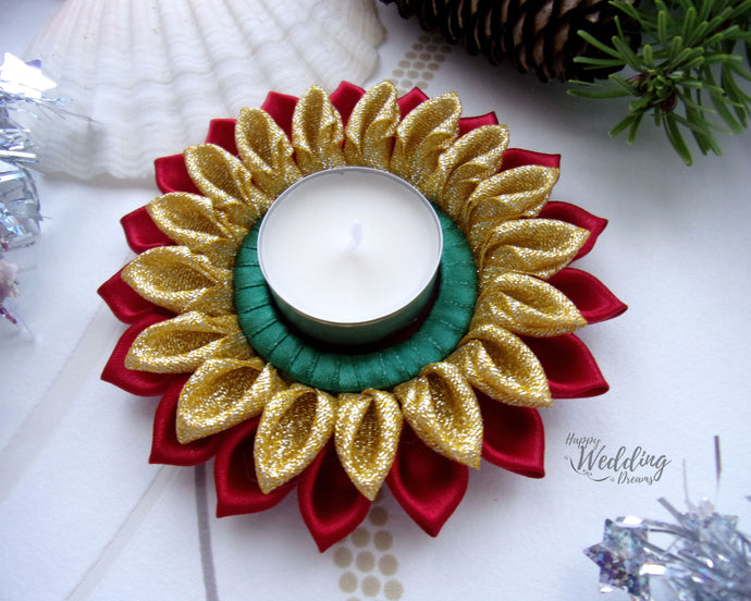 Porte-bougie, Décoration table de fête, Bougeoir de Noël en  rouge, doré et vert