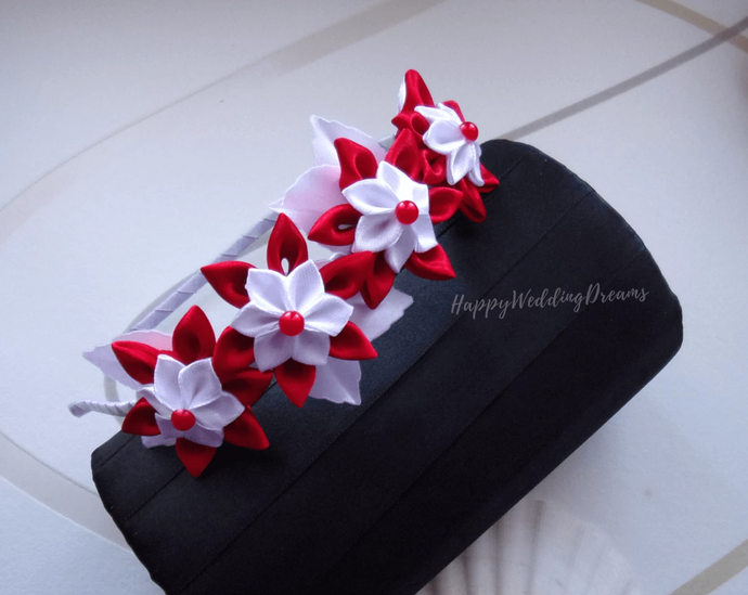 Serre-tête en rouge et blanc mariage, première communion, Bandeau cheveux fille avec fleurs en satin