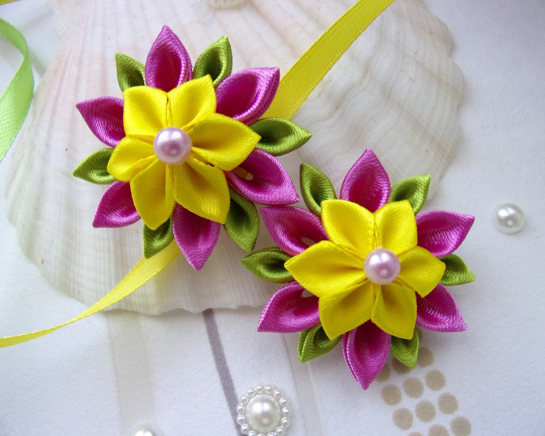 Fleur cheveux Clip barrette, Pince cheveux fleur kanzashi en satin rose et jaune