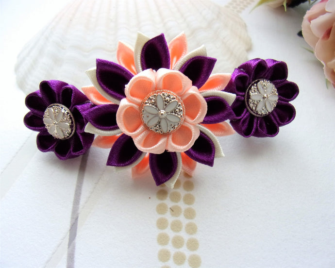 Barrette française avec fleurs kanzashi en violet et orange, Pince à cheveux longs
