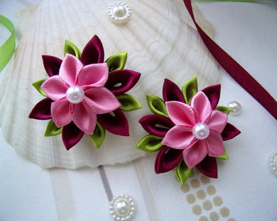 Barrette cheveux avec fleur kanzashi en satin burgundy et vieux rose, Pince cheveux fille