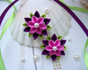 Élastique à cheveux fleur kanzashi violet et rose pour petite fille, Chouchou queue de cheval