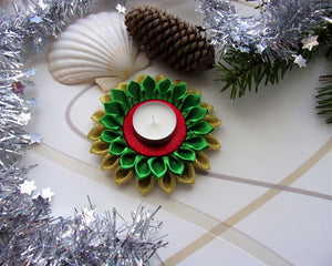Porte-bougie, Bougeoir de Noël en rouge, vert et doré, Décoration table de fête