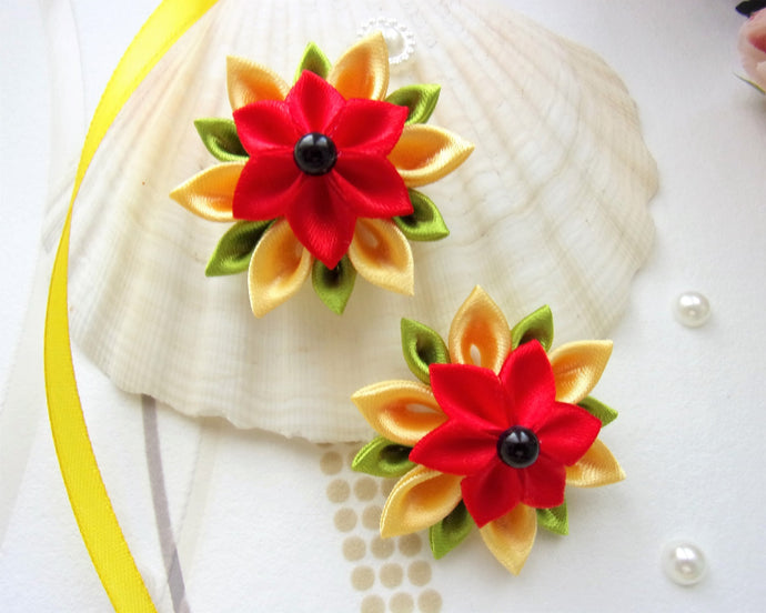 Élastique cheveux fleur kanzashi jaune et rouge, queue de cheval, nattes petite fille, Chouchou
