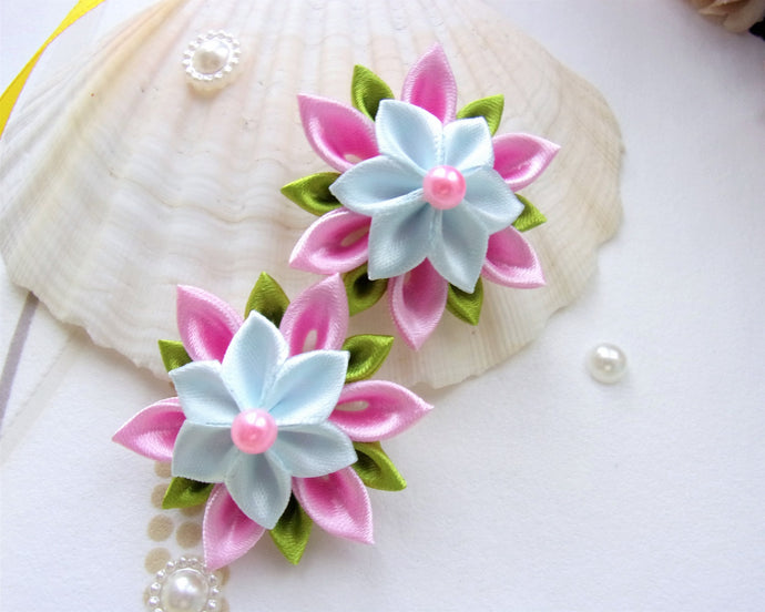 Barrette cheveux fille, Pince cheveux fleur kanzashi en satin rose et bleu