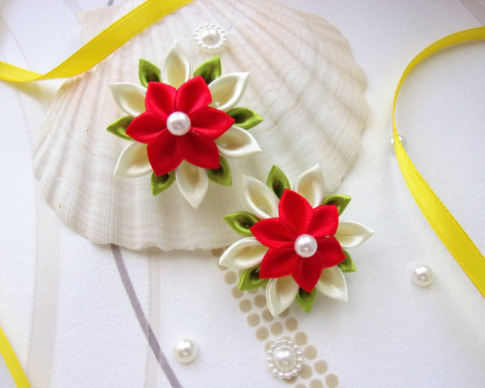Pince cheveux petite fille avec fleur kanzashi jaune pâle et rouge