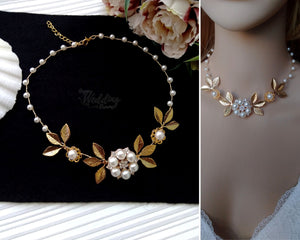 Collier de mariage en perles et feuilles dorées, Parure florale de mariée, Bijou mariage