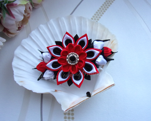 Barrette française fleur kanzashi en satin blanc, rouge et noir, happyweddingdreams
