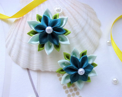 Fleur cheveux Clip barrette, Pince cheveux fleur kanzashi en satin bleu