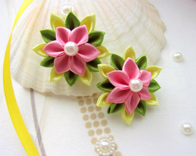 Barrette cheveux avec fleur kanzashi en satin  jaune et vieux rose, Pince cheveux fille