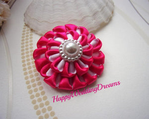 Pince à cheveux avec fleur kanzashi en satin rose et blanc, Petite barrette pour fille