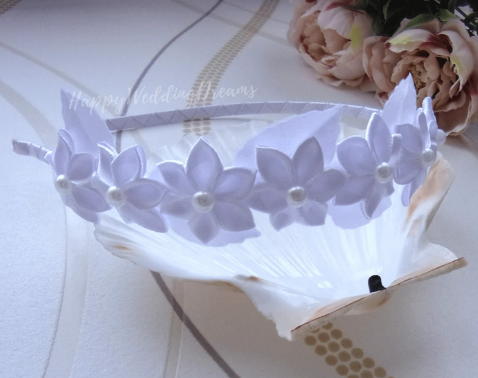 Serre-tête mariage, première communion, Bandeau cheveux fille avec fleurs en satin