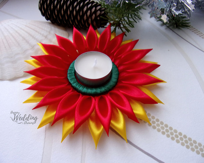 Bougeoir de Noël en rouge, doré et vert, Porte-bougie, Décoration table de fête
