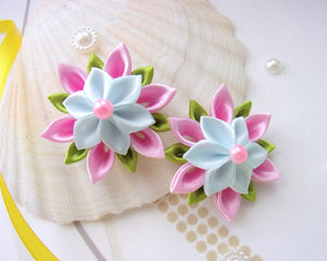 Barrette cheveux fille, Pince cheveux fleur kanzashi en satin rose et bleu