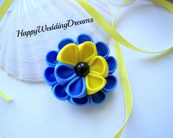 Pince à cheveux fleur kanzashi en ruban gros grain bleu et jaune