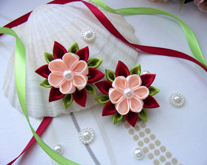 Fleur kanzashi bordeaux et pêche, Barrette cheveux mariage anniversaire, Pince cheveux fille