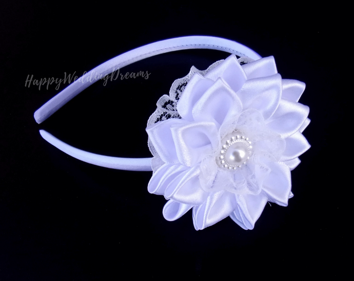 Serre-tête première communion, Bandeau cheveux mariage, Diadème fleur en satin blanc