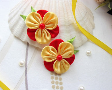 Pince cheveux petite fille, Barrette cheveux avec fleur kanzashi en satin rouge et jaune