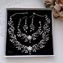 Charger l&#39;image dans la galerie, Parure de mariage en perles et cristal, Collier + bracelet + boucles d&#39;oreilles pour mariage romantique