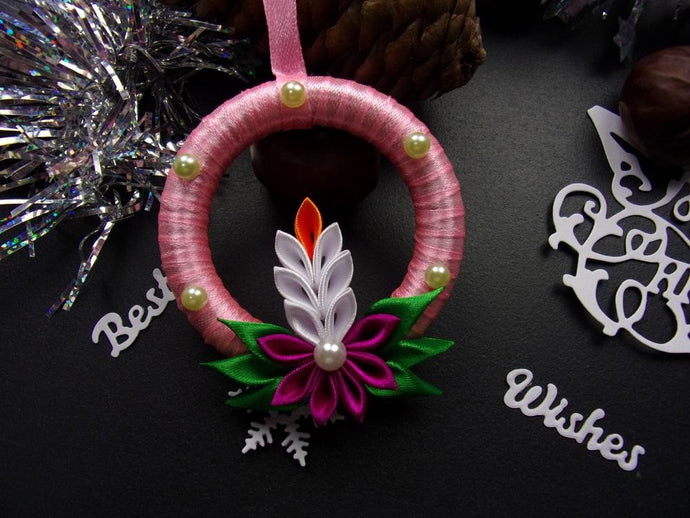 Ornement bougie de Noël, Décoration Réveillon, Suspension pour sapin en rose et violet