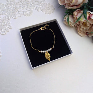 Bracelet de mariage bohème en perles et feuille dorée, Bracelet de mariée romantique