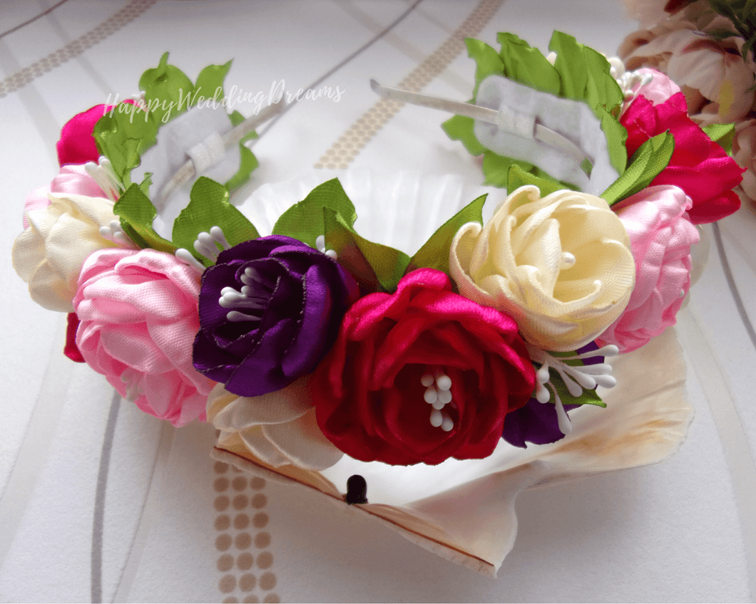 Serre-tête fleurs en satin, Bandeau floral mariage champêtre, Couronne de fleurs