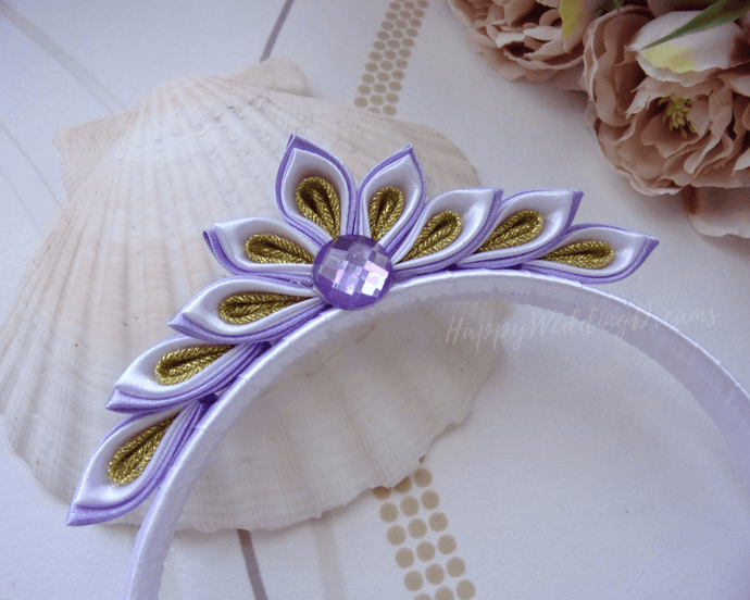 Couronne de princesse kanzashi en satin, Serre-tête petite fille, mariage, demoiselle d'honneur