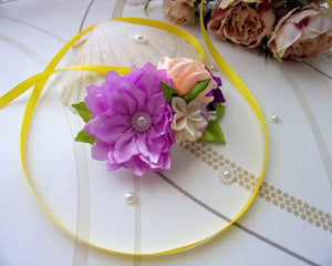 Barrette française avec fleurs en satin lilas et orange,  Pince cheveux mariage champêtre,
