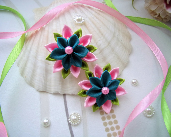 Élastique à cheveux fleur kanzashi rose et teal pour petite fille, Chouchou queue de cheval
