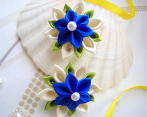 Pince cheveux petite fille, Barrette cheveux avec fleur kanzashi en satin crème et bleu