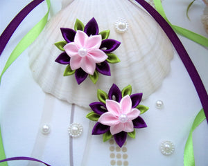 Fleur cheveux, Clip barrette fleur kanzashi en satin violet et rose