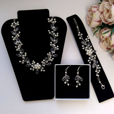 Parure de mariage en perles et cristal, Collier + bracelet + boucles d'oreilles pour mariage romantique