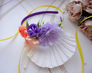 Serre-tête avec fleurs en violet et orange, Bandeau cheveux fille, Diadème floral