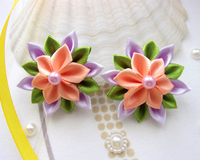 Élastique queue de cheval nattes petite fille avec fleur kanzashi violet et pêche, Chouchou