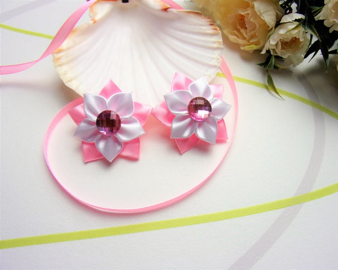 Barrettes fleurs pour demoiselles d'honneur, Pinces à cheveux rose te blanc mariage, baptême ou communion