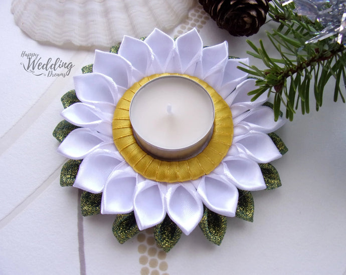 Bougeoir de Noël en blanc, doré et vert, Porte-bougie, Décoration table de fête