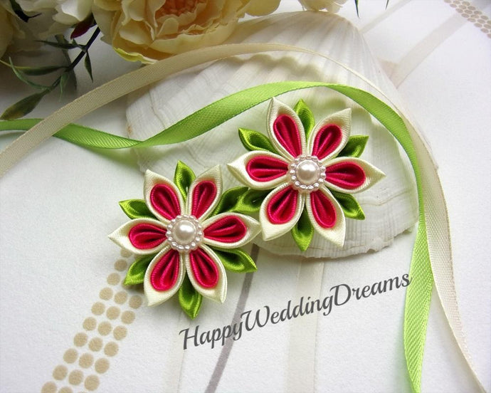 Lot de 2 barrettes pour enfant ou élastiques à cheveux avec fleurs kanzashi en satin jaune et rose