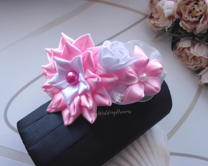 Serre-tête avec fleurs en satin rose et blanc, Diadème mariage ou première communion