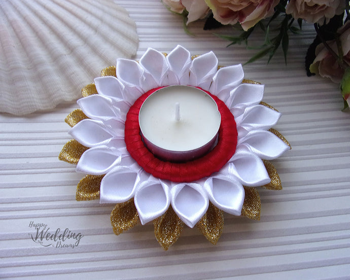 Bougeoir de Noël en doré, blanc et rouge, Porte-bougie, Décoration table de fête