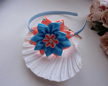 Charger l&#39;image dans la galerie, Serre-tête fille fleur kanzashi bleu et orange, Bandeau cheveux fleur en satin, Diadème