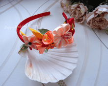 Charger l&#39;image dans la galerie, Serre-tête kanzashi fleurs d&#39;automne, Bandeau cheveux fleurs en satin, Diadème mariage champêtre