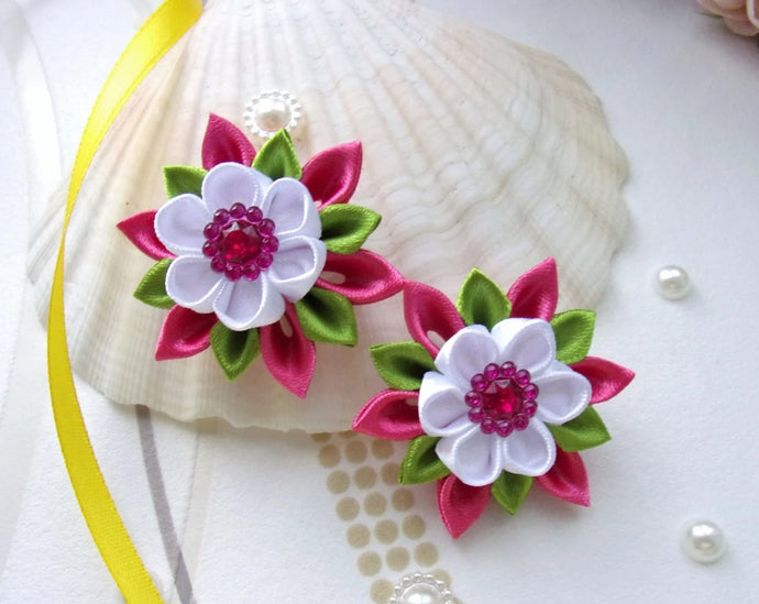 Élastique cheveux fleur kanzashi rose et blanc, queue de cheval, nattes petite fille, Chouchou