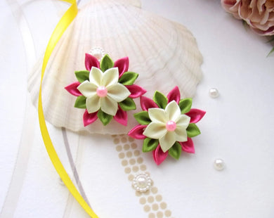 Barrette cheveux fille, Pince cheveux fleur kanzashi en satin rose et crème