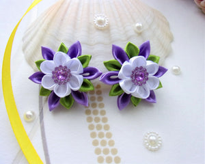 Élastique cheveux fleur kanzashi violet et blanc, queue de cheval, nattes petite fille, Chouchou