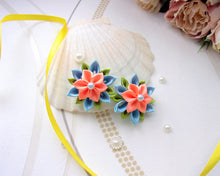 Charger l&#39;image dans la galerie, Élastique cheveux fleur kanzashi bleu et orange, queue de cheval, nattes petite fille, Chouchou