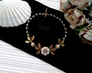 Collier de mariage en perles et feuilles dorées, Parure florale de mariée, Bijou mariage